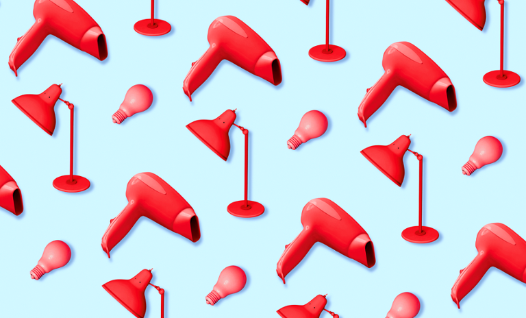 An illustrated graphic of repeating desk lamps, lightbulbs and hair dryers.
