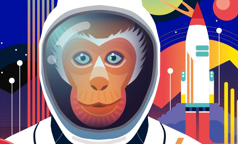 A monkey in a spacesuit standing in front of a rocket © Mathis Rekowski