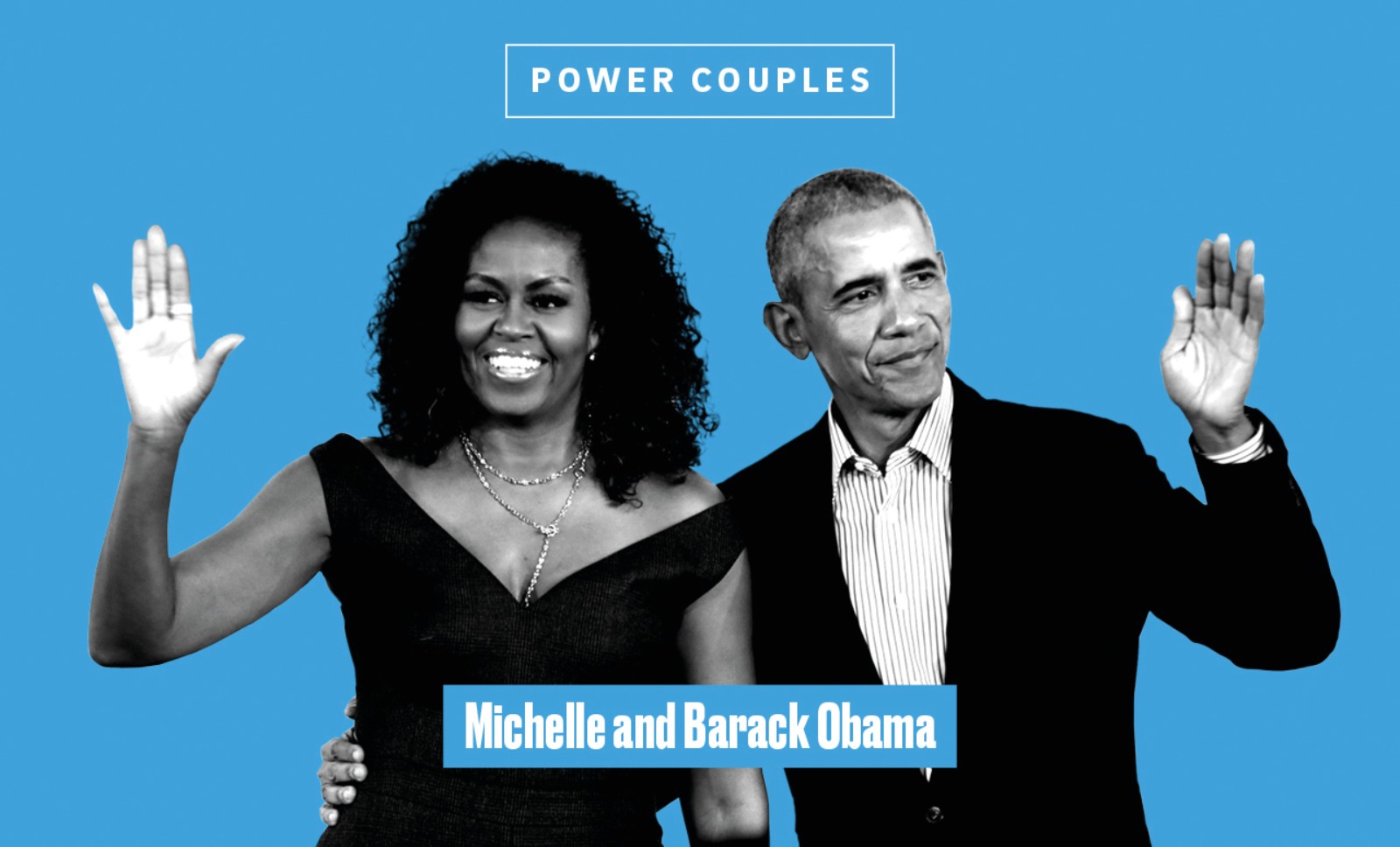 A photo of Michelle and Barack Obama waving and smiling.