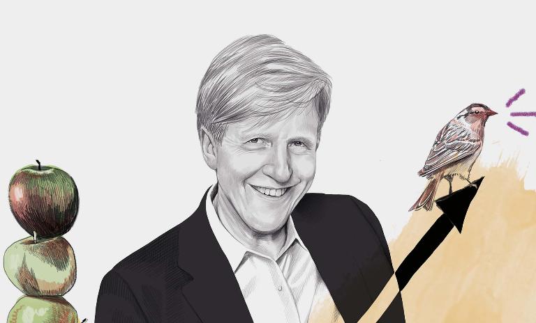 Die Illustration zeigt einen lächelnden Robert Shiller und einen zwitschernden Vogel, der auf der Spitze eines Graphen sitzt. (c) Sören Kunz