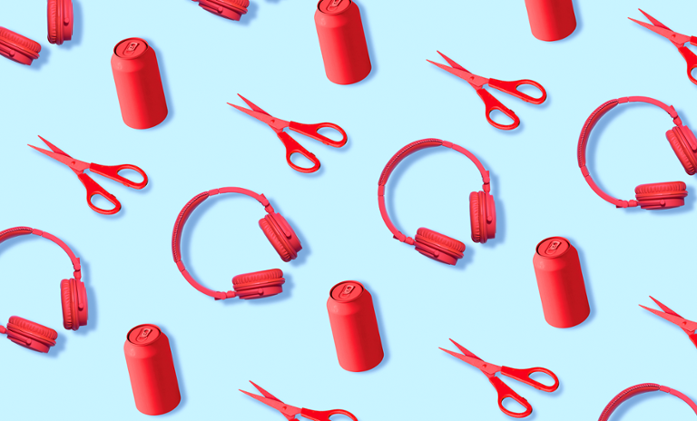 An illustrated graphic of repeating headphones, scissors, and soda cans.