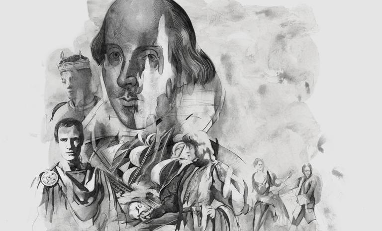 An illustration of the playwright William Shakespeare surrounded by an array of his characters.