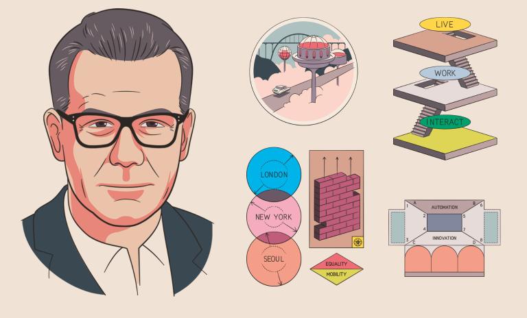 An illustration showing an image of Richard Florida in the center, surrounded by graphic icons depicting attributes of stages of work and places and the fabric of our cities.
