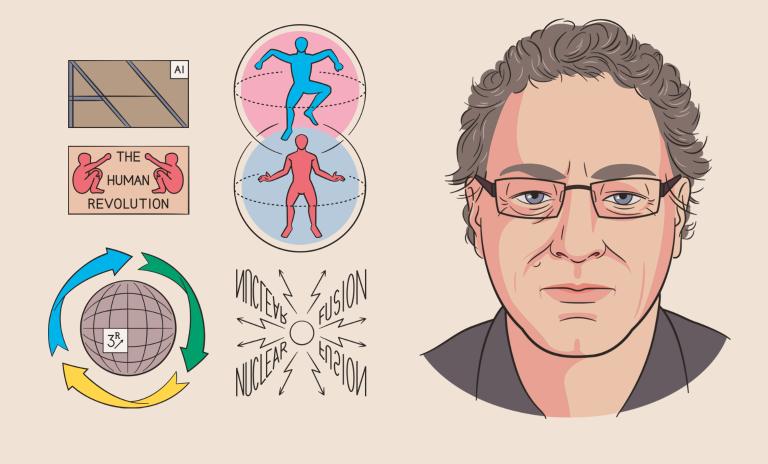 An illustration showing an image of Gerd Leonhard on the left upper side, to the right and beneath his image there are graphic icons depicting quantum states, AI, body movement, medical readings, heartbeat fluctuations, postures as well as circular interactions.