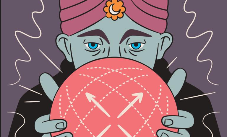 An illustration, hand-sketched style, of a fortune teller holding a crystal ball in front of his face with the word “Future growth” in it, above there is the word “crash.”