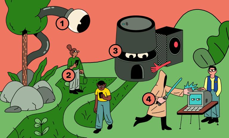 An illustration with paths, figures and icons of a lie detector, exoskeleton and virtual reality time travel in an imaginary landscape, in the middle there is a half-opened book and a woman wearing augmented reality glasses is peering out of it.