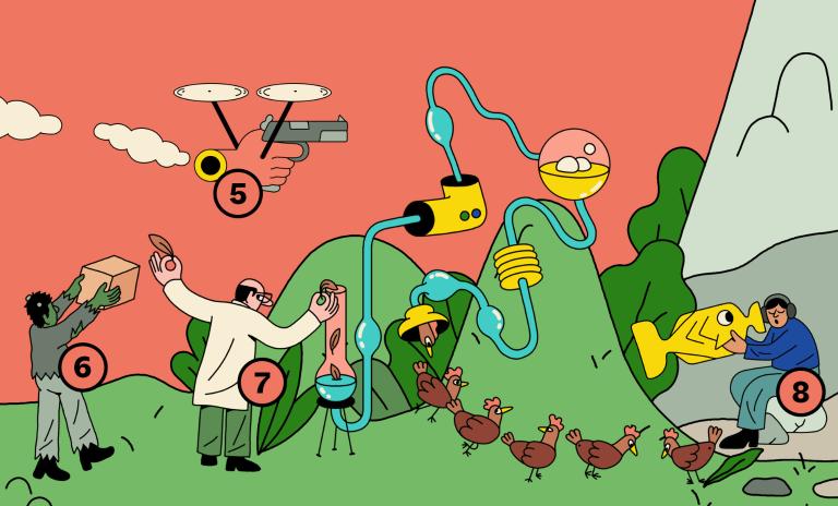 Eight illustrations depicting in a graphic pixel style facts and fiction like the babel fish, mass surveillance devices, battle droids and killer drones, sentient AI and cloning, among others.