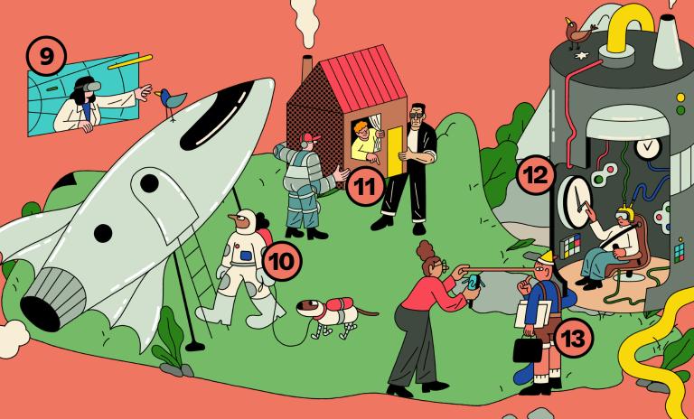 Eine Illustration, die im grafischen Pixel-Stil ein kleines Raumschiff mit einem Astronauten an der Seite darstellt. Dieser hält einen Hund an der Leine; sie sind im Begriff, das Raumschiff zu besteigen. Eine Illustration, die im grafischen Pixel-Stil Realität gewordene Science-Fiction-Elemente wie einen Lügendetektor, ein Exosklett und eine Virtual-Reality-Zeitreise in einer imaginären Landschaft darstellt.