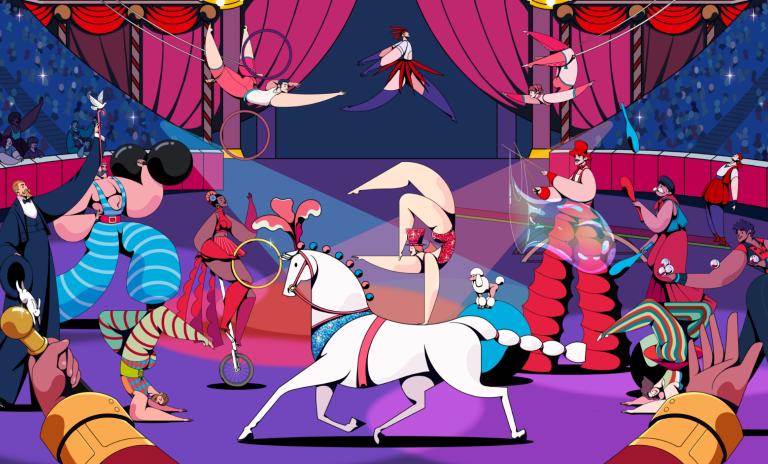 Illustrated figures inside a colorful circus tent. A decorated white horse is bottom-center with an acrobat balancing on the horse’s back, two others are performing shoulder stands on the ground left and right, trapeze artists are swinging from above, a woman is juggling rings while sitting on a unicycle, a muscular man is holding weights, a magician is holding a hat in his right hand and a rabbit is jumping from it, a man on stilts is twirling ribbons, a man is juggling clubs.