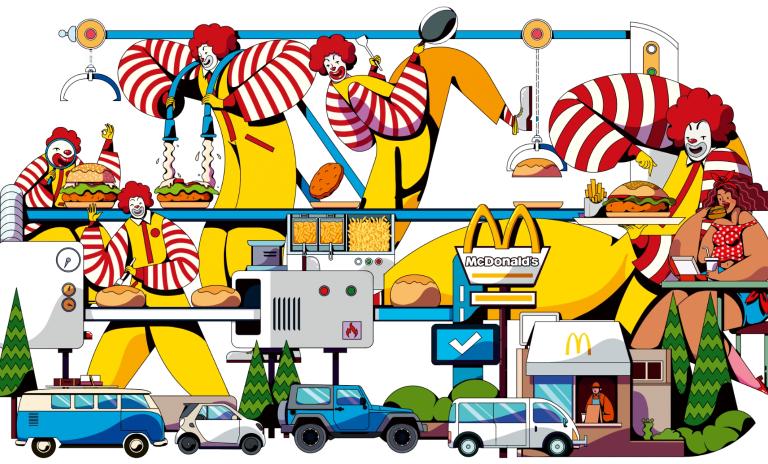 Ronald McDonald illustrated in various positions and facial expressions along a playful burger production process, squeezing mustard from his trouser braces, a conveyor belt for producing burger buns, the McDonald’s logo above a McDonald’s drive-in kiosk, a woman sitting and eating a burger.