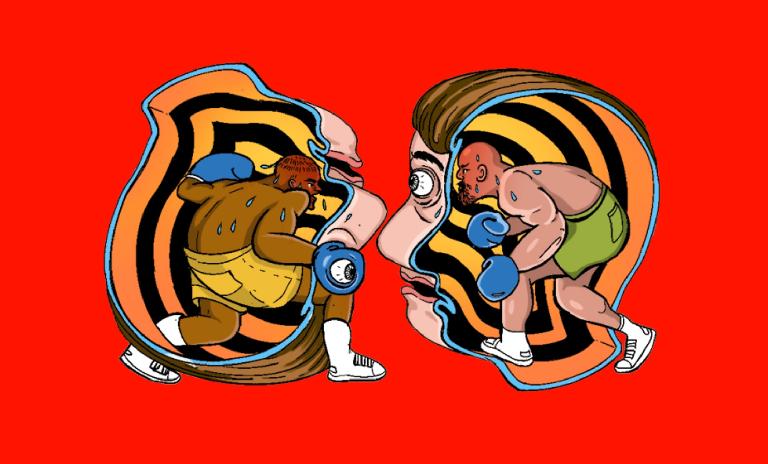 Complex illustration of two hollow halves of a head, one upside-down the other upright, facing each other, one boxer wearing shorts and boxing gloves inside each shell, crouched forward facing each other as if poised to engage in a fight. Bright red background.