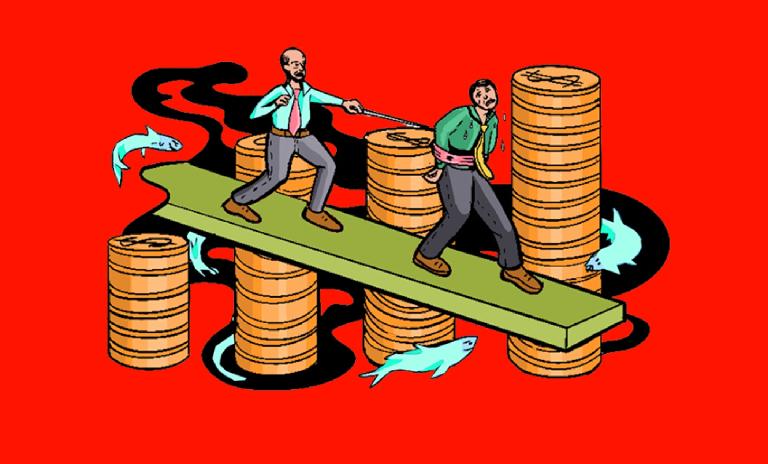 An illustrated image of a green plank with two businessmen walking along it, one with arms bound against his waist, the other holding the rope attached to ropes around man in front. Stacks of dollar coins are either side of and below the plank, water is below the plank with sharks swimming around and between the coin stacks. Bright red background.