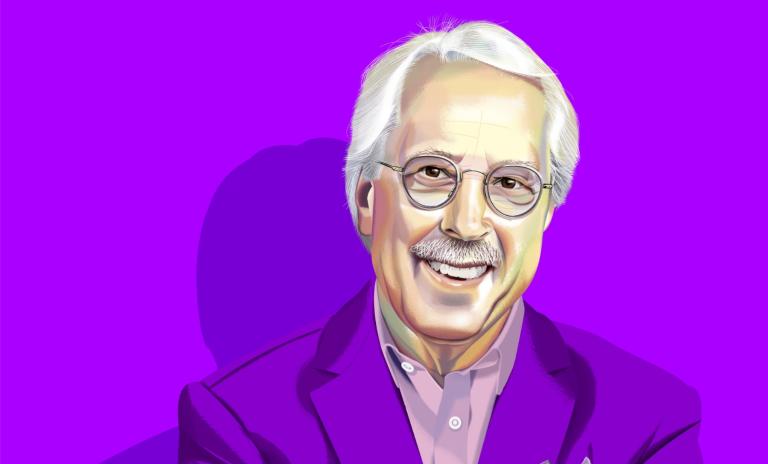 Gary Hamel illustrated looking at the camera and smiling, neon purple background.