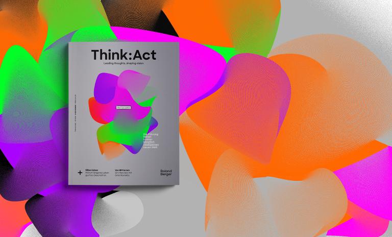 Think:Act Magazine cover mock-up with abstract artwork in neon colors by Carsten Gueth in the background.