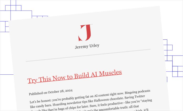 A close-up of part of a letter from Jeremy Utley, his business logo top-center, the title “Try This Now to Build AI Muscles” in red font and copy text in black font underneath.
