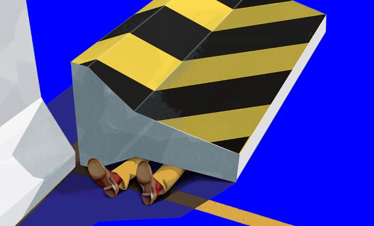 Illustration of a yellow-and-black striped traffic ramp on an indigo background, two feet visible from under the ramp as if an illustrated figure is trapped underneath.