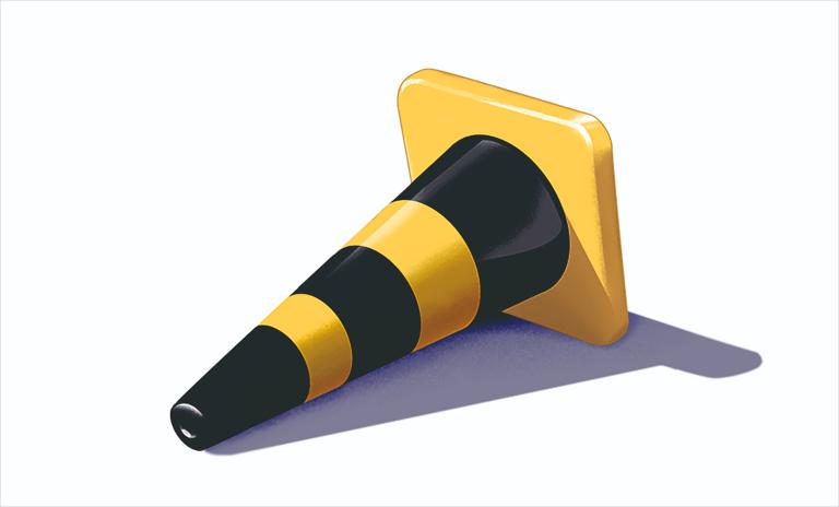 Illustration of a yellow-and-black striped traffic cone against a white background.