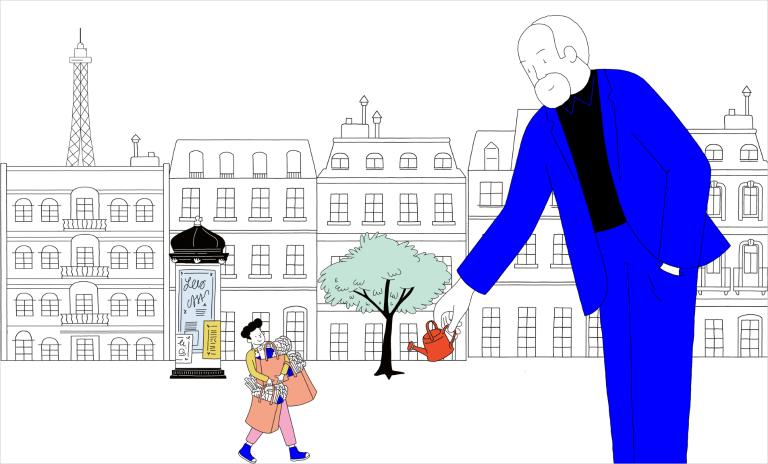 Farbige Illustration von Clo'e Floirat, die den übergroßen Carlos Moreno beim Gießen eines Mini-Baumes mit einer Miniatur-Gießkanne zeigt. Im Hintergrund sind der Eiffelturm und Pariser Stadtszenen zu sehen.