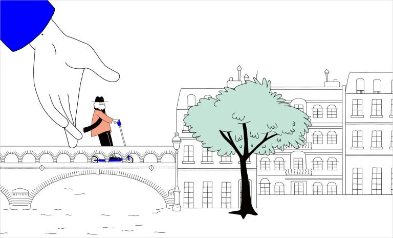Illustration von Clo'e Floirat, die eine übergroße Hand zeigt, welche eine lesende Person auf einem Fahrrad schiebt.