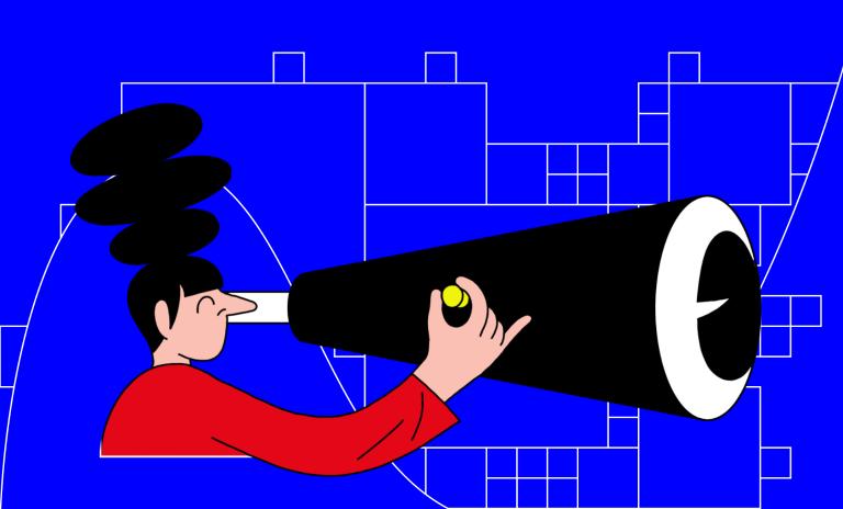 Illustration by Simon Landrein showing a person looking out through a large telescope against a blue background with white grid lines.