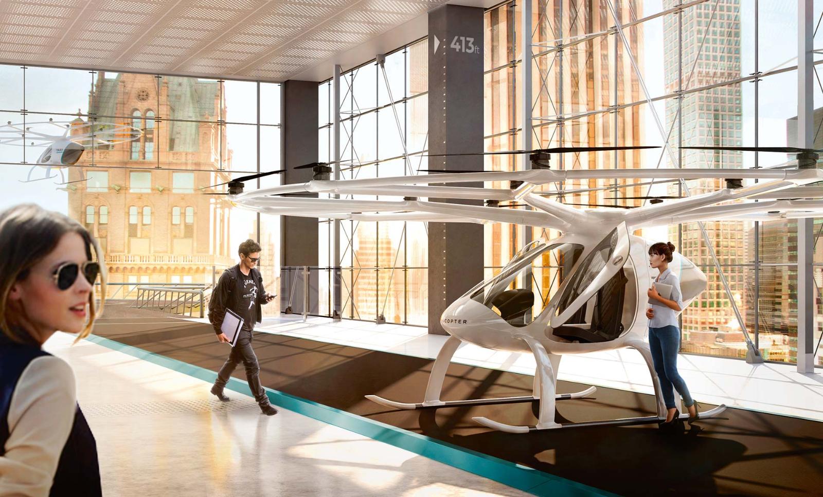 An artist’s rendition of an urban mobility landing hub with passengers waiting to board