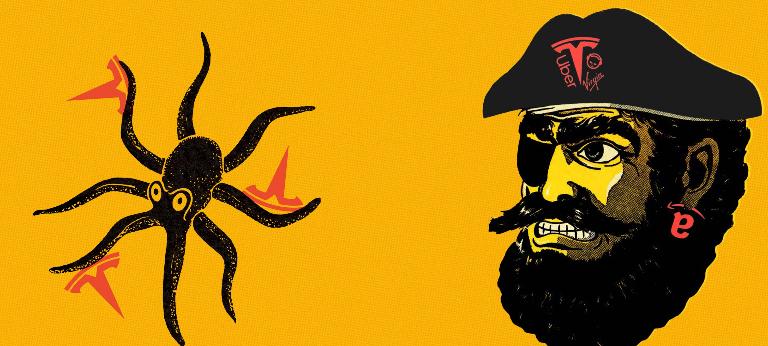 An illustration of a pirate with the Uber, Tesla, Napster and Virgin logos on his hat and the Amazon logo as an earring