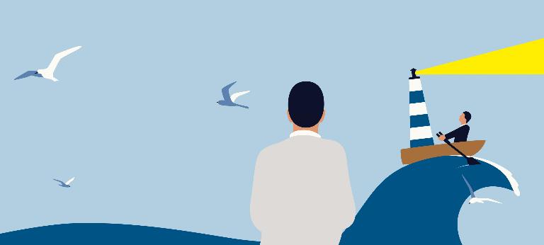 An illustration of a man and a lighthouse sitting in a row boat at the top of a wave