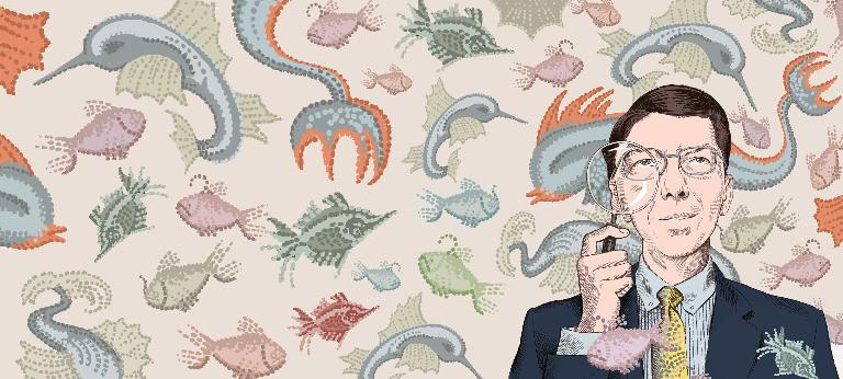 An illustration of Clayton Christensen holding a magnifying glass over one eye