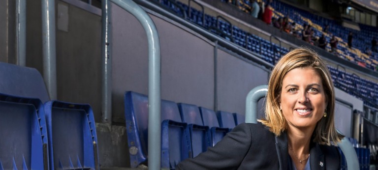 Barça Innovation Hub director Marta Plana sitting in the Camp Nou stadium