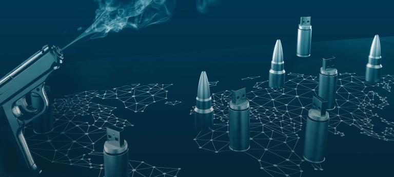 A gun shooting smoke is surrounded by USB sticks that resemble bullets arranged over a map of the world made up of dots and lines, symbolizing the spread of digital crime