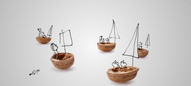 Stick figures sailing in nutshell boats on a neutral background