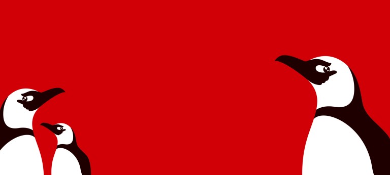 Black and white illustration of a penguin on a red background