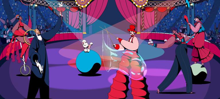 Illustrated figures inside a colorful circus tent.